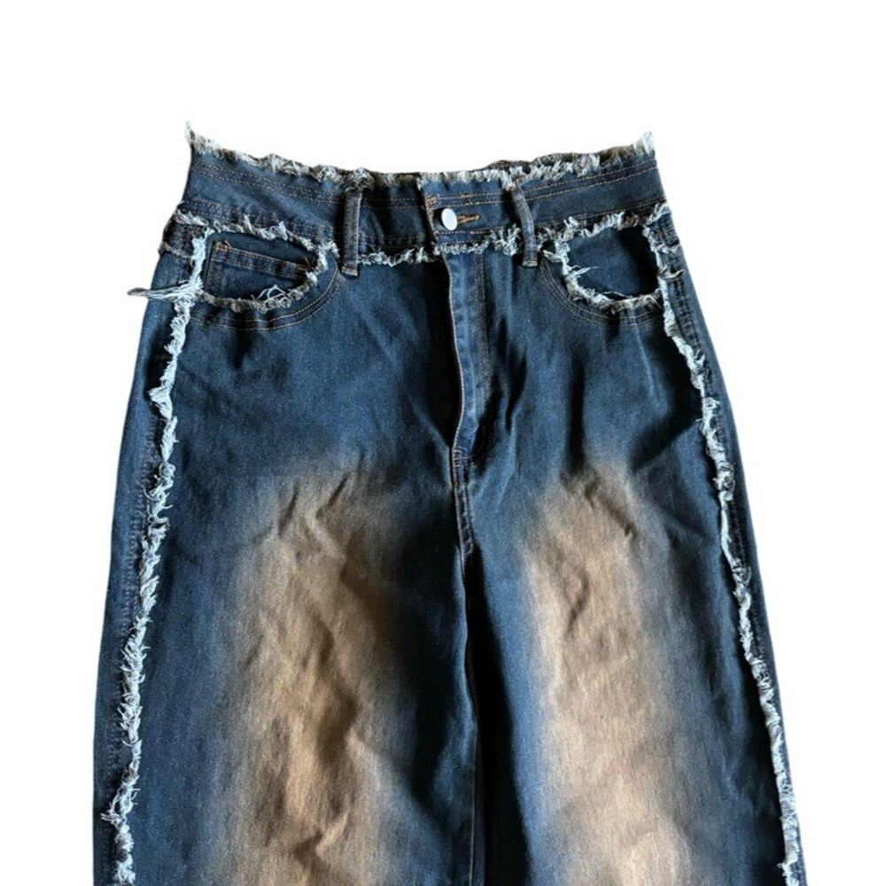 Fashion Nova Frayed Jeans Sabrina Size 11 Straight Leg High Rise Dark Wash - Picture 3 of 10